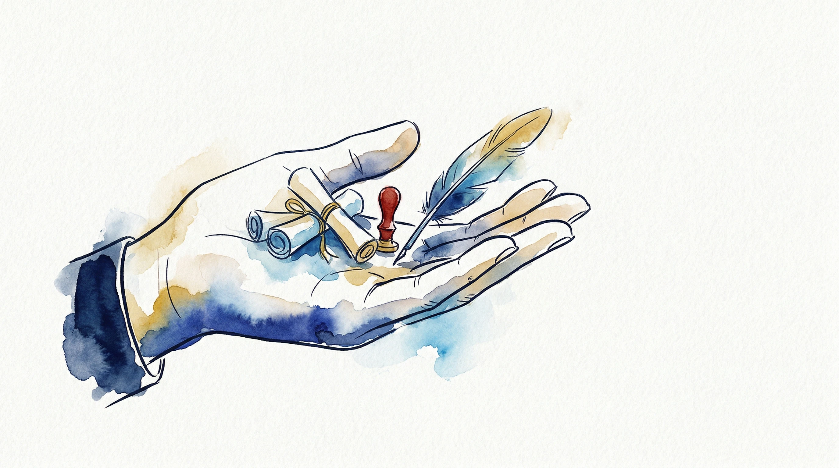 Von A bis Z aus einer Hand — Aquarell Hand mit Schriftrollen und Siegel